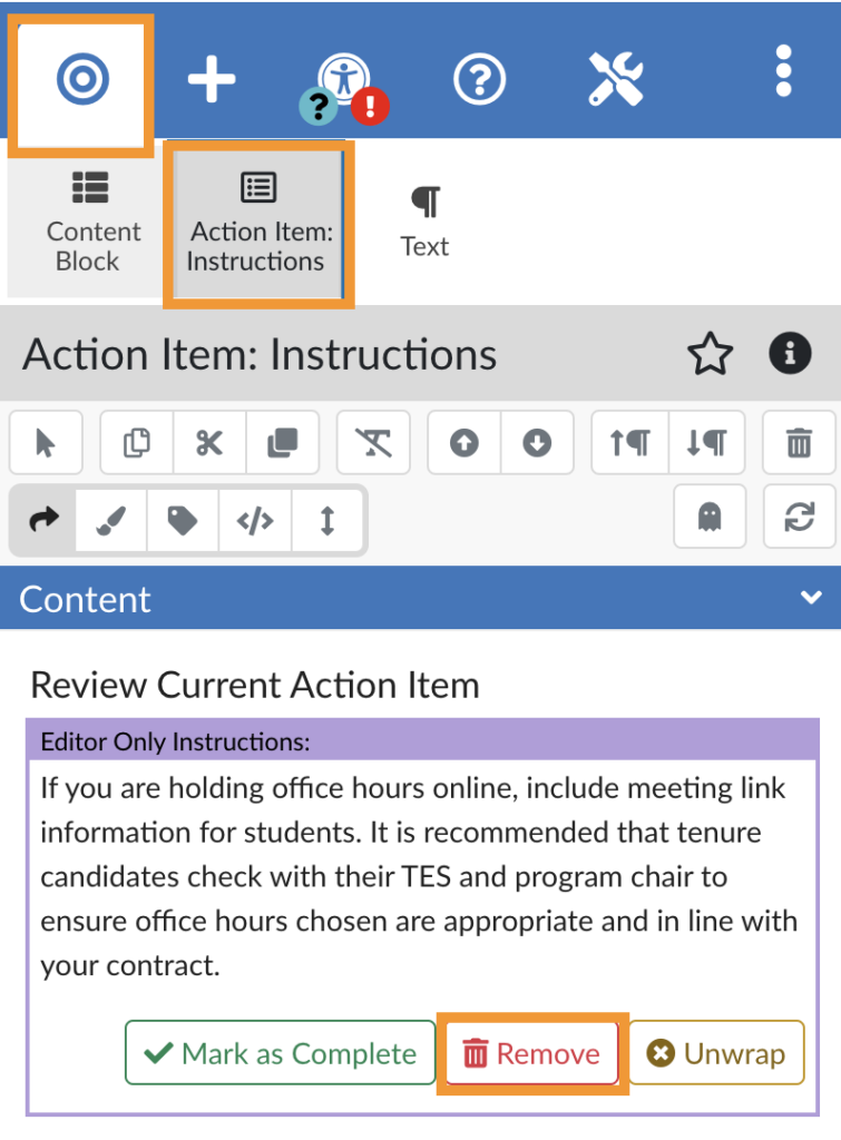 The remove button in the action items tab on the Cidi Labs Design Tool edit content option.
